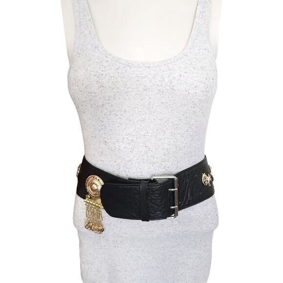 DYLAN LEX Romy black leather wide statement high waist medallion charm belt Sz S - Picture 2 of 11